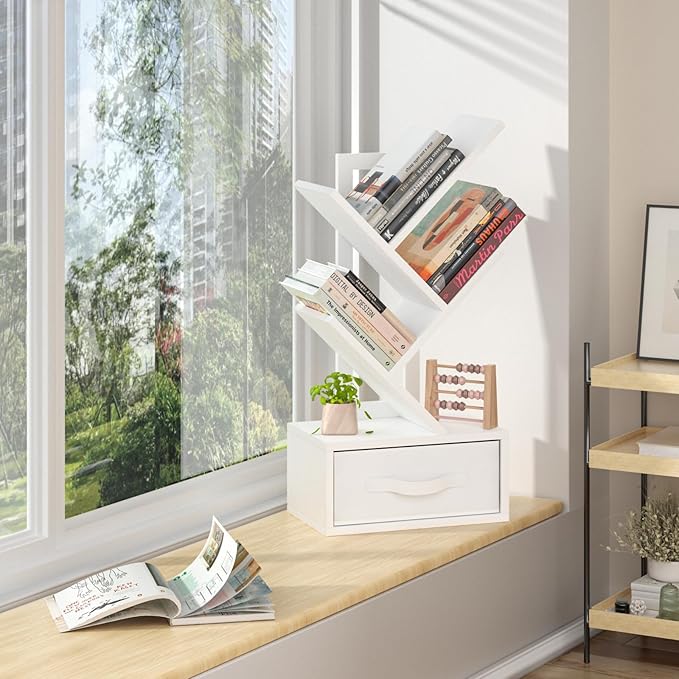 Small Bookshelf with Drawer, 4 Tier Tree Book Shelf, Wood Desk Bookshelves - Image 9