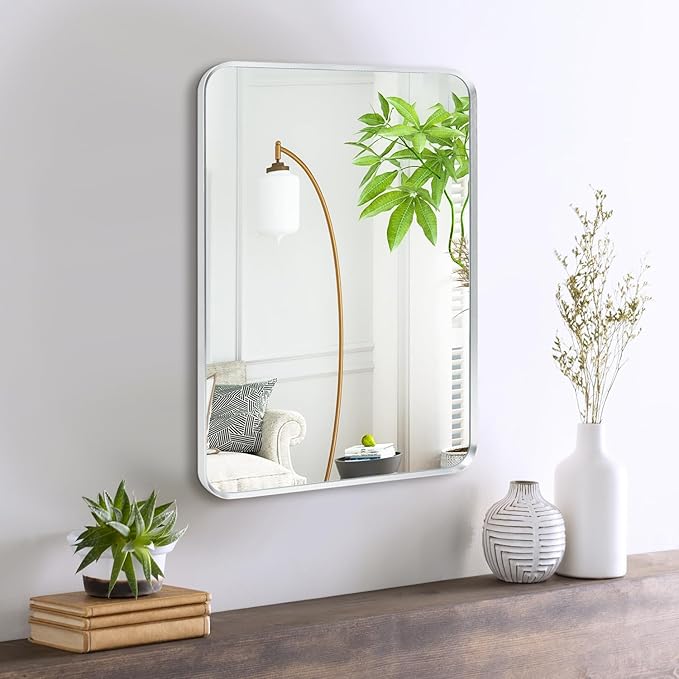 Wall Mount Mirror for Bathroom, Brushed Silver Metal Framed Rounded Corner by Minuover