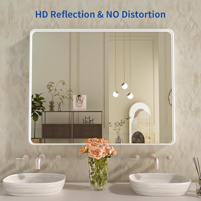 WEER White Bathroom Mirror 40X32 Inch, Rounded Rectangle White Metal Frame - Image 2