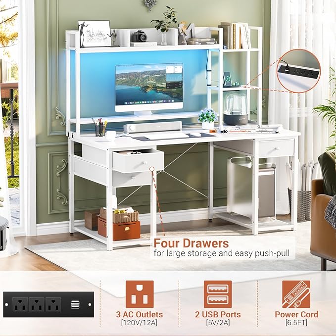 Aheaplus Desk with LED and Outlets, Gaming Desk with Hutch, 47.2'' Computer - Image 3