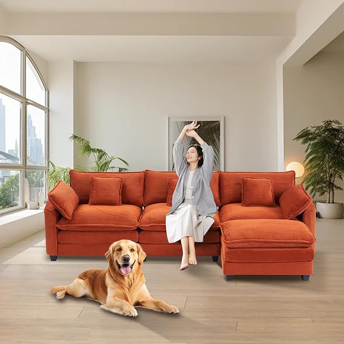 Furniliving 117‘’ L-Shaped Sofa, Luxury Corduroy Modular Sectional Couches - Image 8