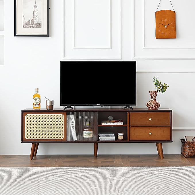 Tiita TV Stand with Storage for TVs up to 65'', Bamboo Rattan TV Console - Image 3