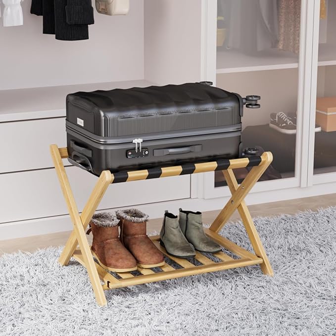 Fully Assembled Bamboo Luggage Rack, Heavy Duty Folding Suitcase Stand by SmartFENDEE
