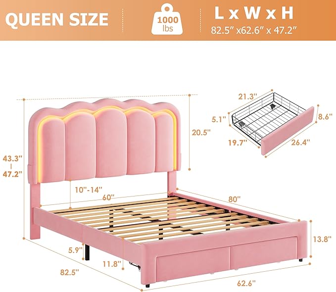 Queen Upholstered LED Bed Frame - Image 2