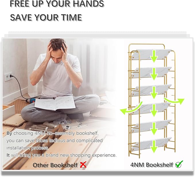 4NM No Assembly Folding Bookshelf 6 Tiers Vintage Industrial Gold Book Shelf - Image 7