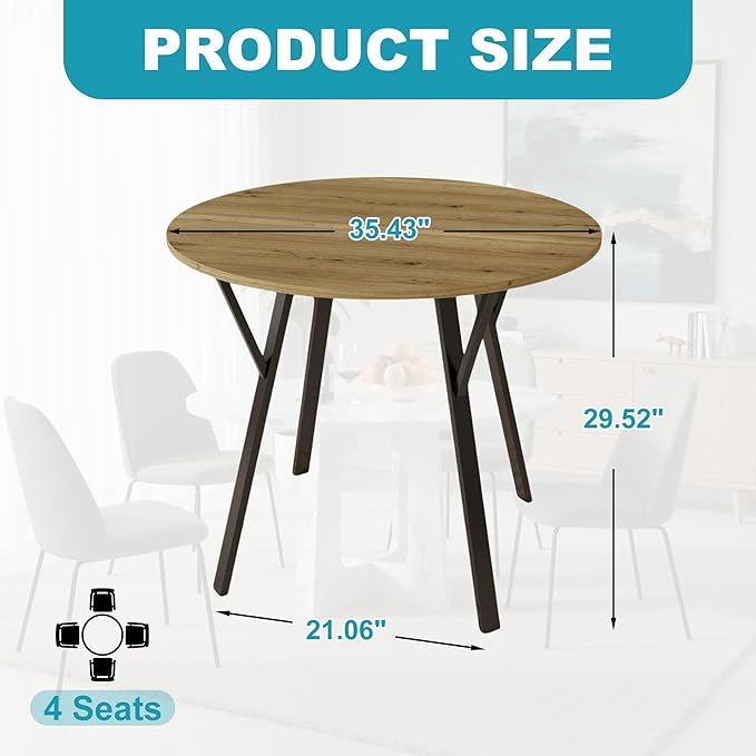 35" Round Dining Table for 4, Modern Small Circle Dinner Table Farmhouse Round - Image 2
