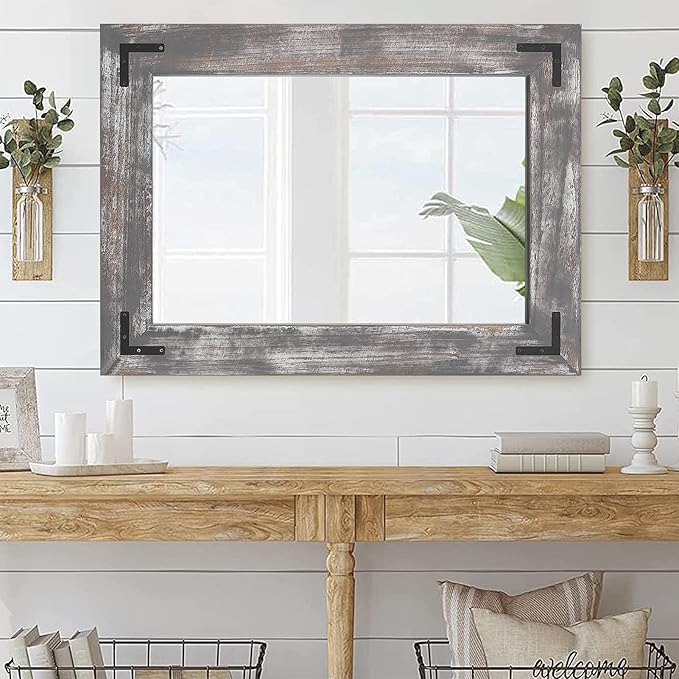 YOSHOOT Rustic Wooden Framed Wall Mirror, Natural Wood Bathroom Vanity Mirror - Image 5