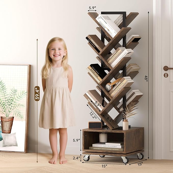 49" Rotating Tree Bookshelf, 7 Tier Double Sided Shelf, Wood Corner Bookshelf - Image 3