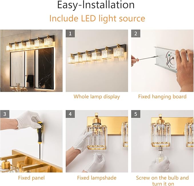 Modern Bathroom Vanity Light 6-Lights Black Gold Crystal Bathroom Wall Light - Image 6