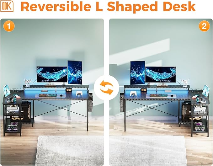 ODK 66 Inch Gaming Desk with USB Charging Ports and LED Lights, Reversible L - Image 8