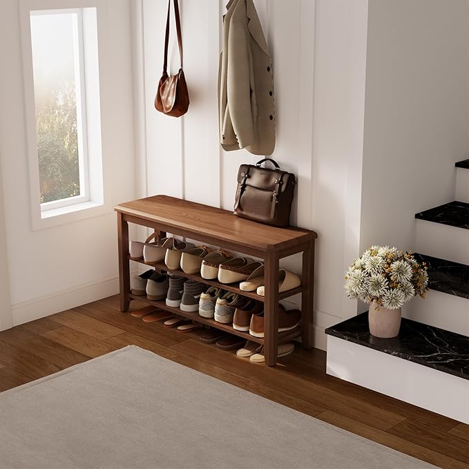 Wood Shoe Rack Bench for Entryway, 2 Tier Shoe Rack for Front Door Entrance - Image 6