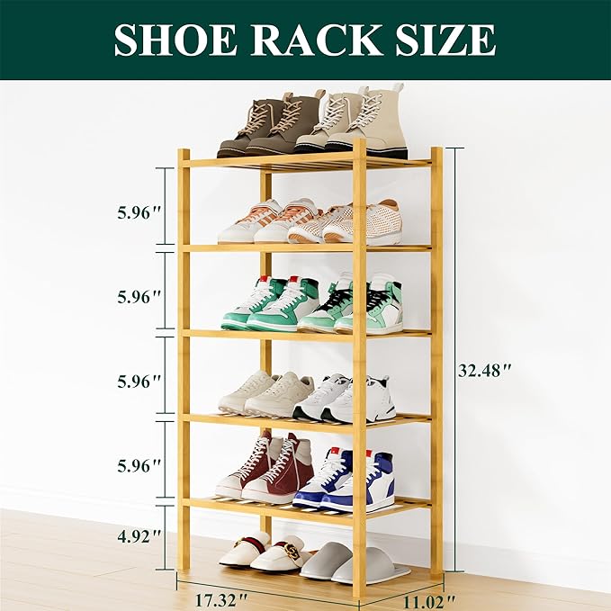 Smiry Shoe Rack, 5 Tier Small Bamboo Shoe Organizer, Stackable Free Standing - Image 2