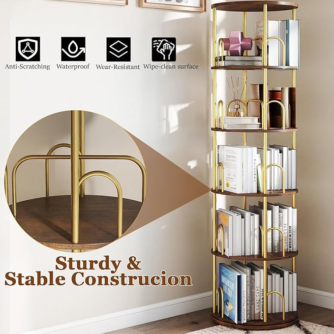 5-Tier Rotating Bookshelf, 360° Round Spinning Book Shelf Tower, Tall Skinny - Image 6