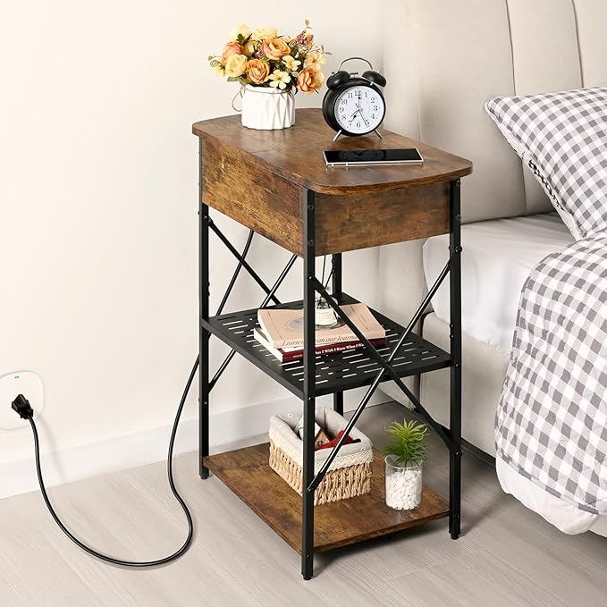 Narrow Side Table with Charging Station, End Tables Set of 2 - Image 2