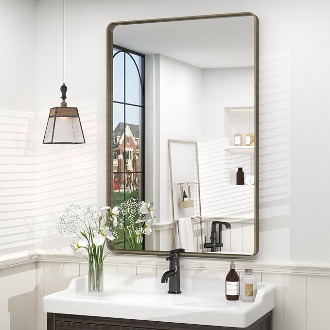 24x36 Bronze Bathroom Mirror, Brushed Metal Bathroom Vanity Mirrors by CHARMOR