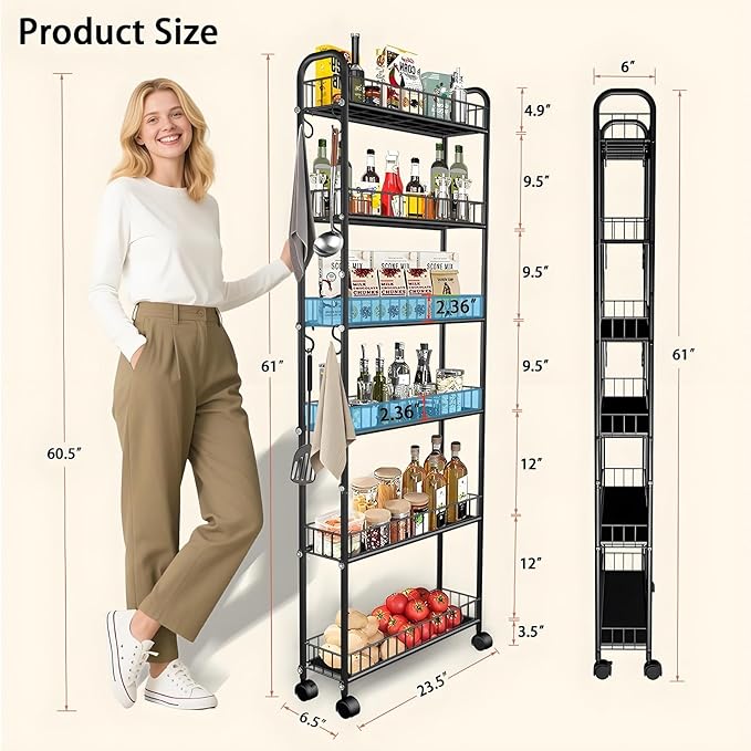 6-Tier Slim Storage Cart with Wheels, 6in Narrow Rolling Shelf, Sturdy Slim - Image 3