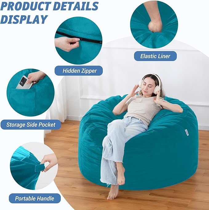 4FT Bean Bag Chair with Ultra Soft Velvet Cover Bean Bag Sofa with Memory Foam - Image 4
