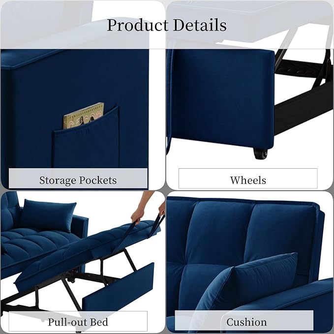 KEIKI Velvet Loveseat Convertible Sofa Bed Sleeper Chair - Image 5