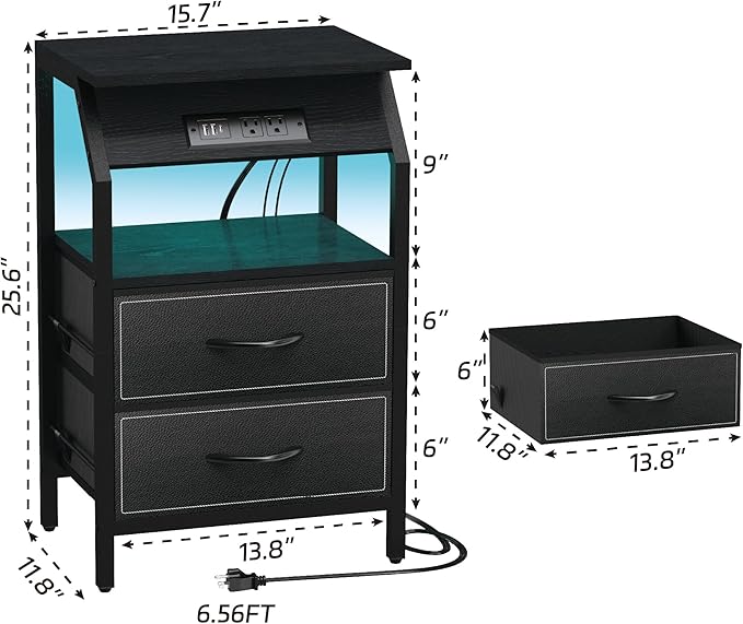 End Table with Light, LED Nightstand with 2 Drawers and Type C Charging Station - Image 3
