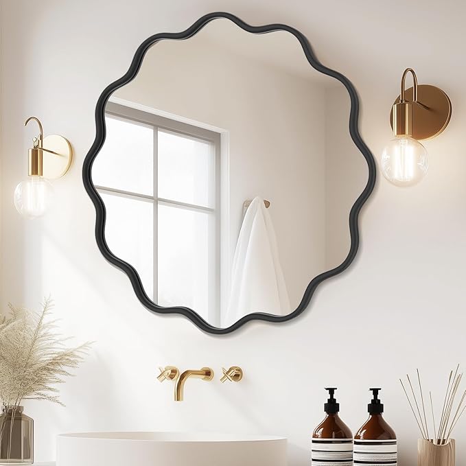 PROHOMEWARE Black Round Mirror 32 Inch Wavy Bathroom Vanity Mirror Black Frame by PROHOMEWARE