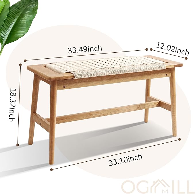 33.5" L Wood Dining Bench Indoor, 100% Natural Solid Oak Bed Bench Hand Woven - Image 3