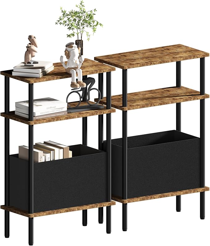Narrow Side Table with Fabric Basket, Slim Nightstand with 3-Tier Storage Shelf by Unknown