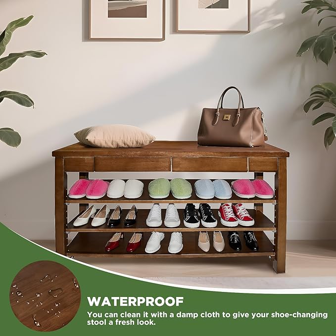 Wood Shoe Bench Entryway with Drawer: 3-Tiers Wooden Storage Shoe Rack with - Image 6