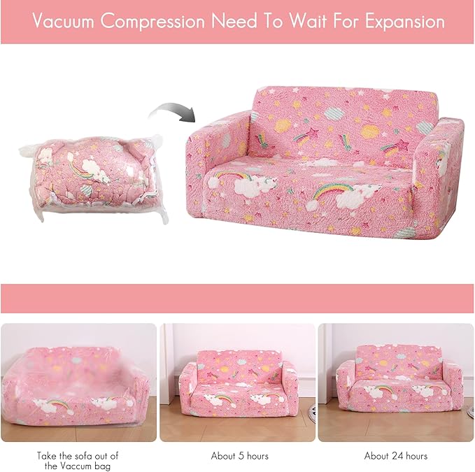 Foldable Kids Sofa Extra Wide for 2 Seats, Soft Kids Fold Out Couch Glow in The - Image 5
