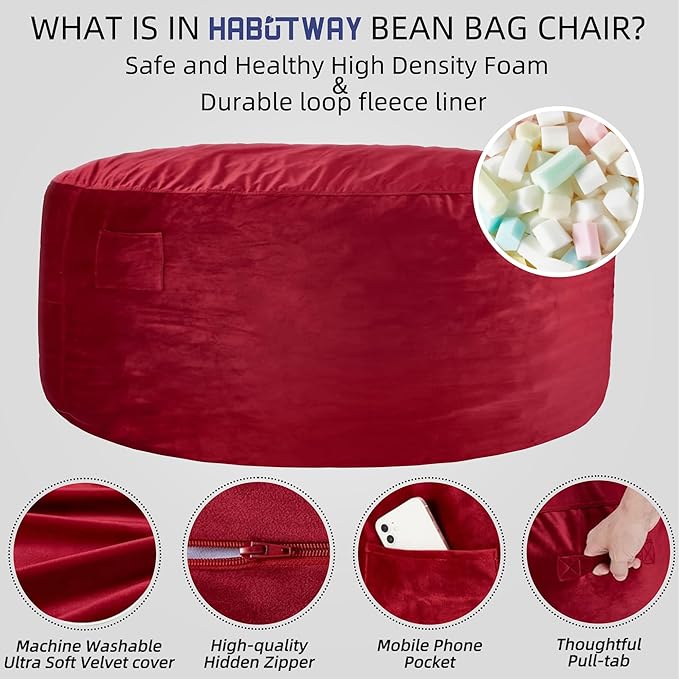 HABUTWAY Bean Bag Chair: Giant 5' Memory Foam Furniture Bean Bag Chair - 5Ft - Image 4