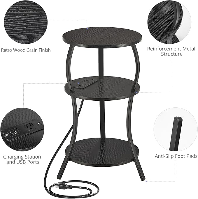 Small Round Side Table with Charging Station, 3-Tier Waist Circular End Table - Image 4