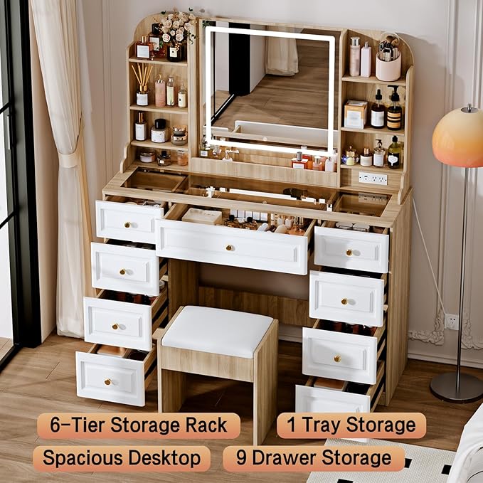 43" Makeup Vanity Desk with Mirror and Lights, & Power Outl, Glass Top Big - Image 2