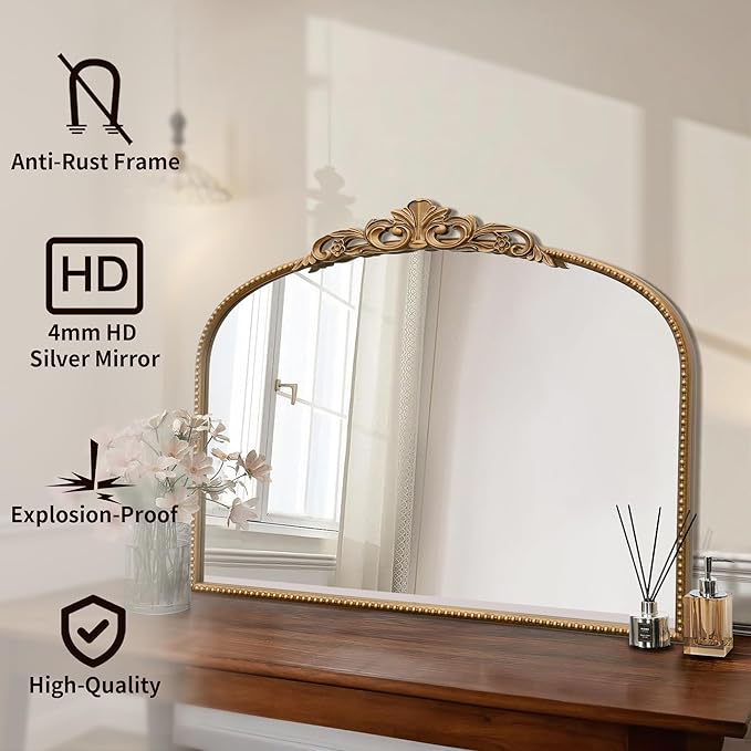 Micasso Gold Vintage Wall Mirror: 24"x 32" French Baroque Antique Arched Wall - Image 2