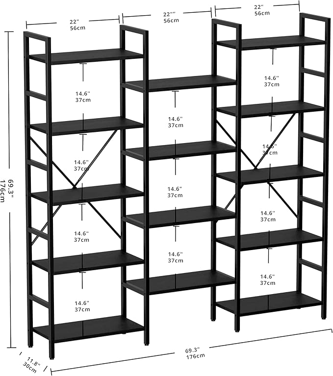 IRONCK Bookcases and Bookshelves Triple Wide 5 Tiers Industrial Bookshelf - Image 3