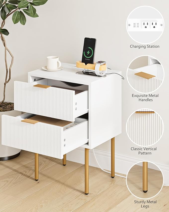 Masupu Nightstand with Charging Station, Mid-Century Modern Bedside Table with - Image 3