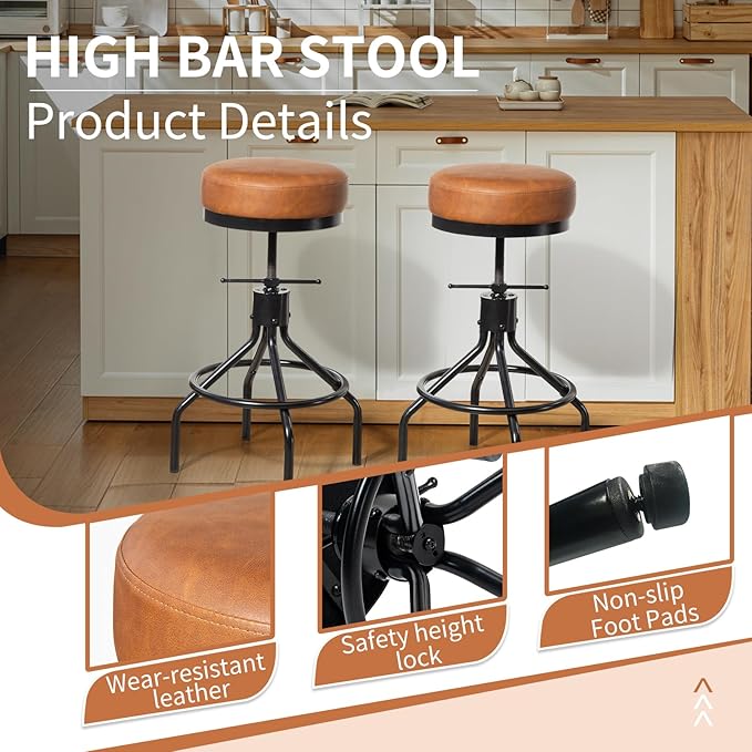 Industrial Bar Stools Adjustable Swivel Round Barstools Modern PU Leather - Image 6