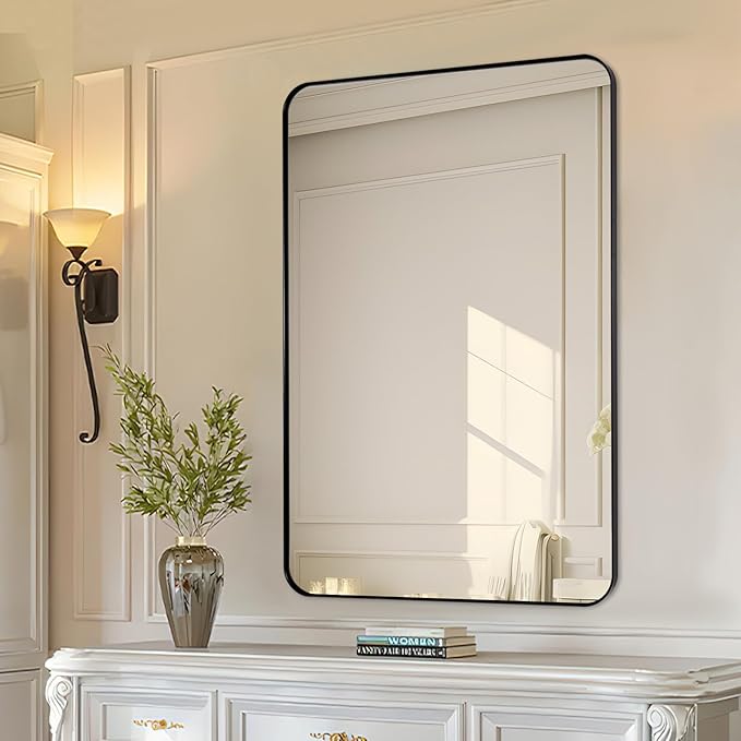 Black Bathroom Mirror 24"x36", Modern Round Corner Bathroom Vanity Mirror - Image 2