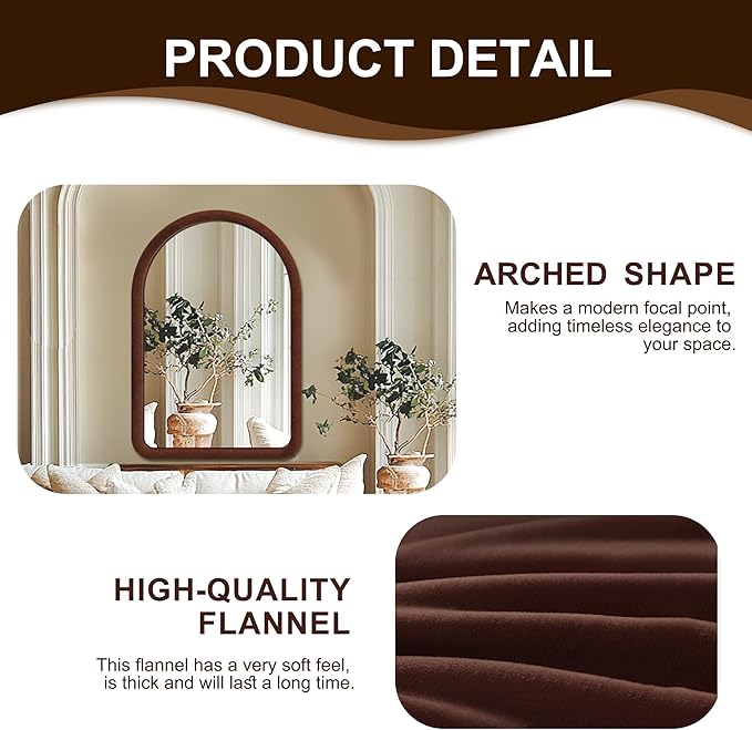 36"x24" Arched Bathroom Mirror, Wall Mounted Vanity Plush Flannel Frame Mirror - Image 5