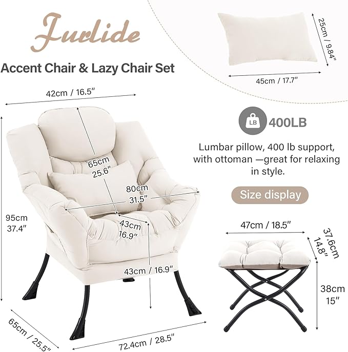 Lazy Chair with Ottoman, Comfy Fabric Accent Lounge Arm Chair with Lumbar - Image 2