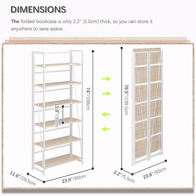 4NM No Assembly Folding Bookshelf, 6-Shelf 74" H Collapsible Foldable Bookcase - Image 2