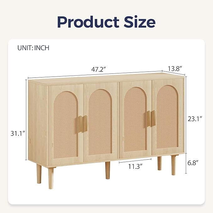 Buffet Cabinet with Storage, KitchenSideboard Cabinet with 4 Rattan Decorated - Image 2