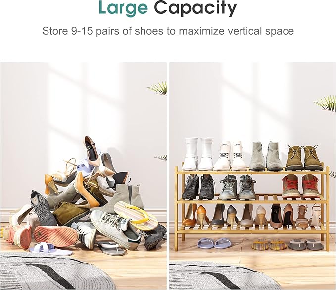 3-Tier Long Shoe Rack, Bamboo Wood Shoe Rack - Image 5
