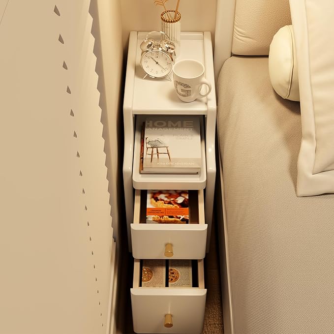 Small Nightstand with Drawers, Solid Wood Bedside Table, Narrow White Nightstand - Image 6