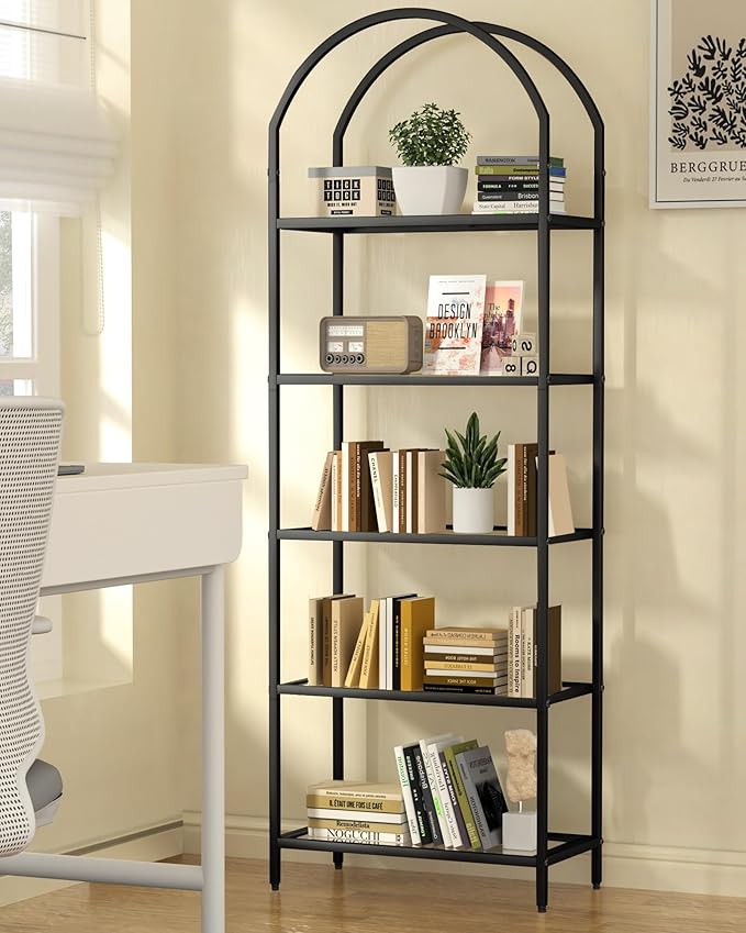 Homhedy Bookshelf Arched Display Racks, Metal Bookcase, Tempered Glass Shelves - Image 5