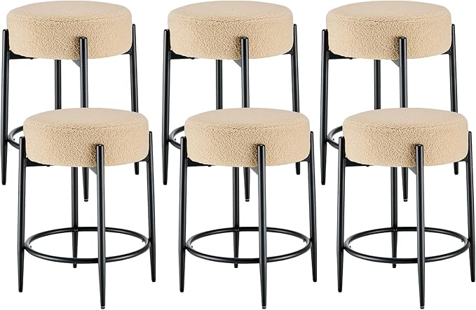 Dining Room Chairs Set of 6, 23.6" Sherpa Backless Beige Boucle Dining Chair by Viroformo