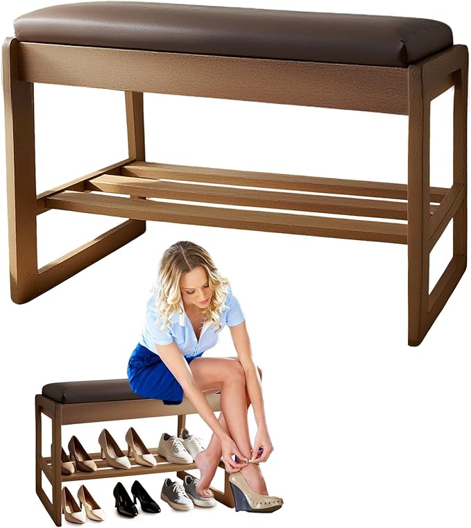 2-Tier Wood Shoe Bench with Flip-Top Storage Cabinet, Entryway Bench with Shoe - Image 7