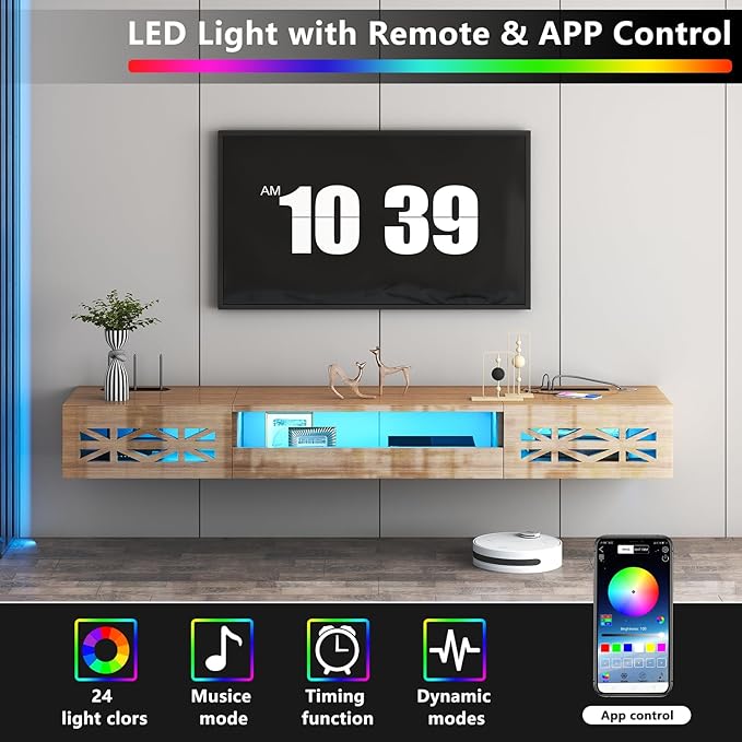 Floating TV Stand, Floating Wall Mounted TV Shelf with, Modern High Gloss tv - Image 2