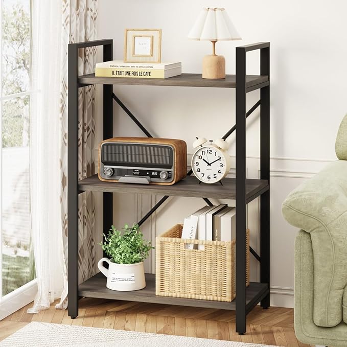 BON AUGURE 3 Tier Bookshelf, Small Rustic Book Shelf, Short Industrial Bookcase by BONAUGURE