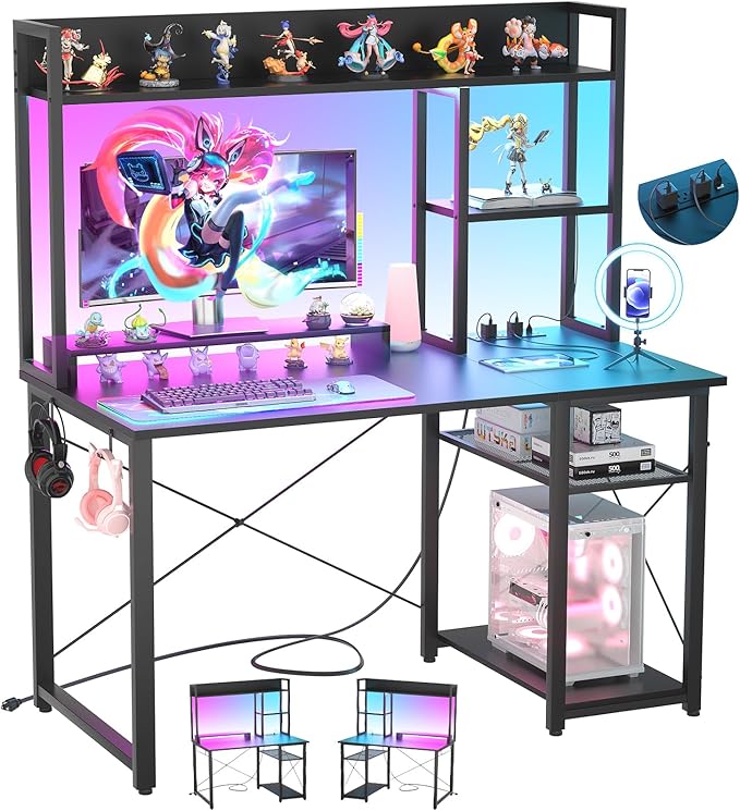 Cyclysio Gaming Desk with Hutch, Home Office Desk with Reversible 5 Tiers by Cyclysio