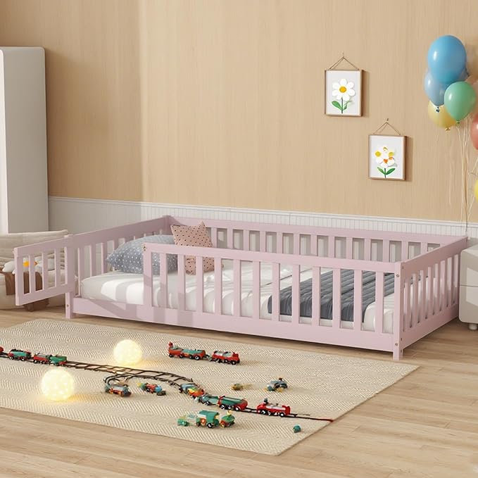 Twin Floor Bed Frame with Slats and Safety Guardrail, Wood Twin Size Montessori - Image 2