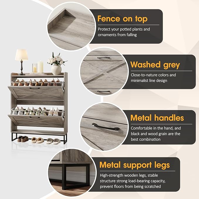 Maupvit Shoe Cabinet with 2 Flip Drawers, Freestanding Shoe Cabinet Organizer - Image 4
